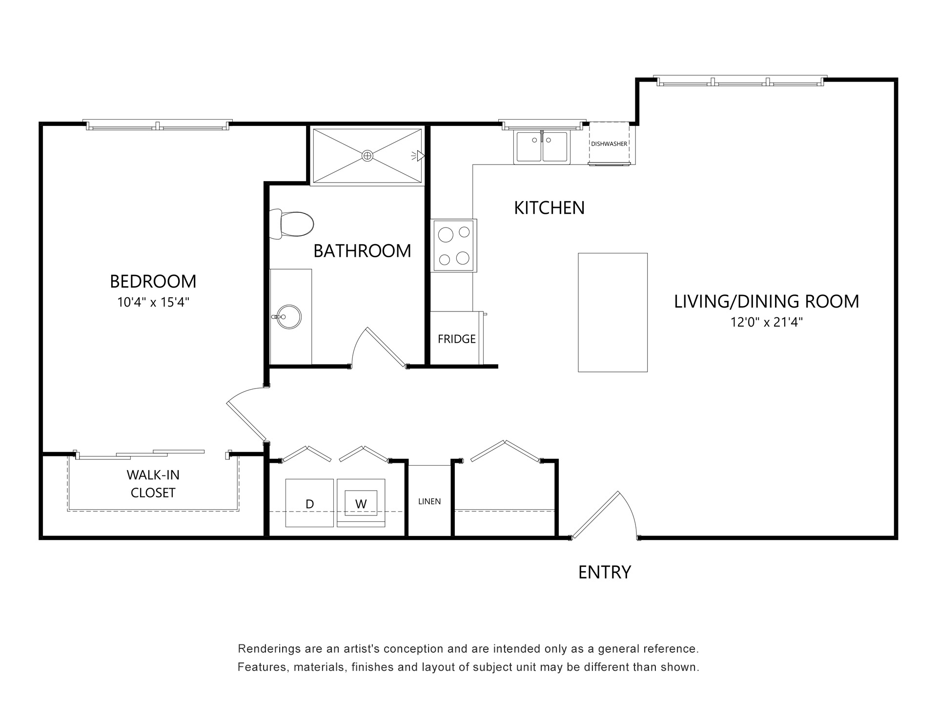 One-bedroom apartment floor plan with bedroom, bathroom, kitchen, living/dining room, walk-in closet, laundry, and entry layout