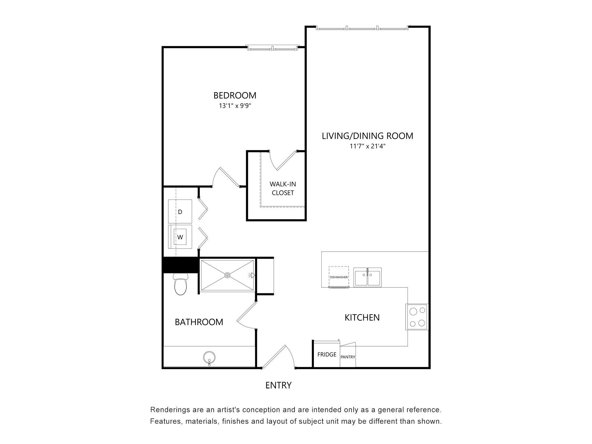 Floor plan of a one-bedroom apartment with bedroom, walk-in closet, bathroom, kitchen, and living/dining room layout.
