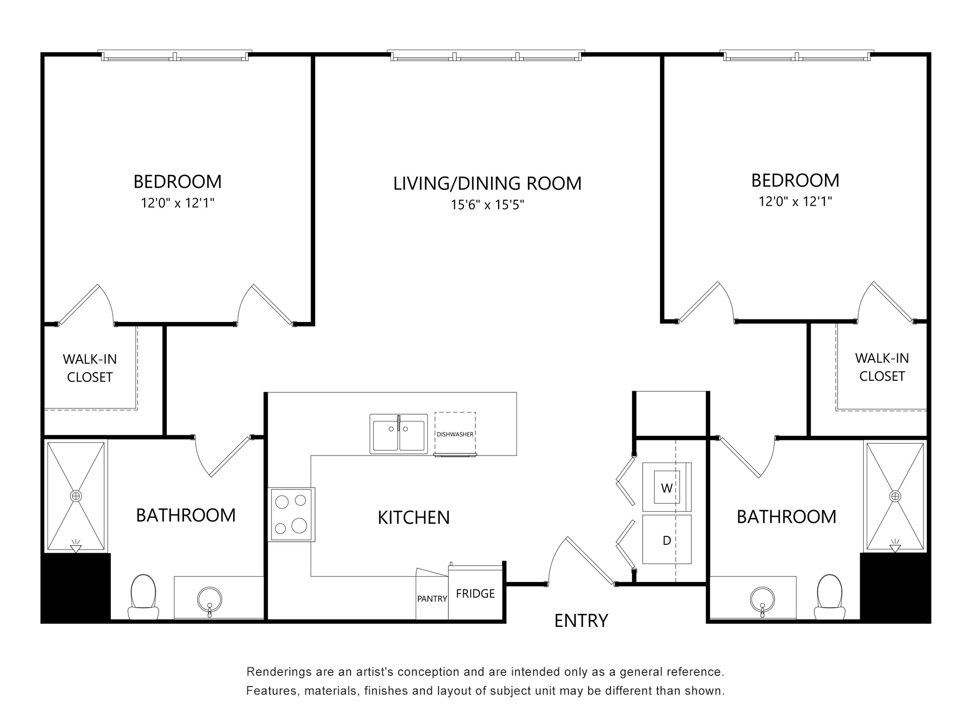 Two-bedroom apartment floor plan with living/dining room, kitchen, two bathrooms, walk-in closets, and entry