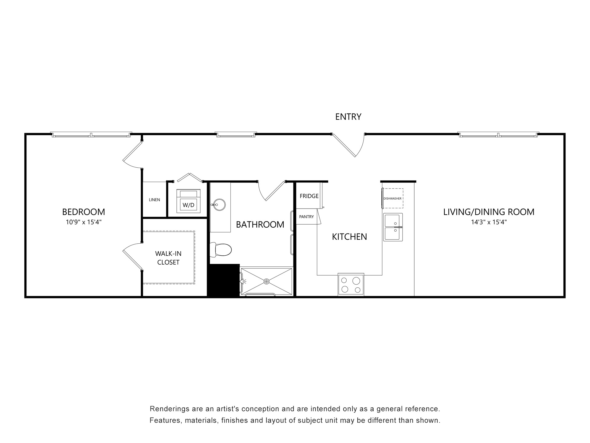 Floor plan of a one-bedroom apartment showing bedroom, walk-in closet, bathroom, kitchen, and living/dining room layout