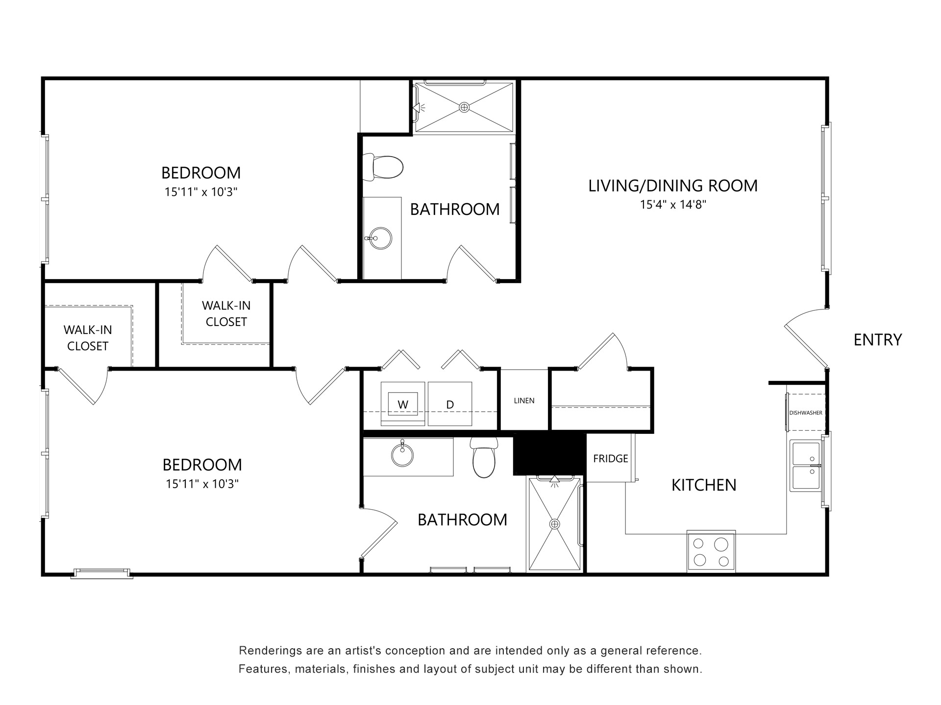Two bedroom apartment floor plan with two bathrooms, walk-in closets, kitchen, and living/dining room