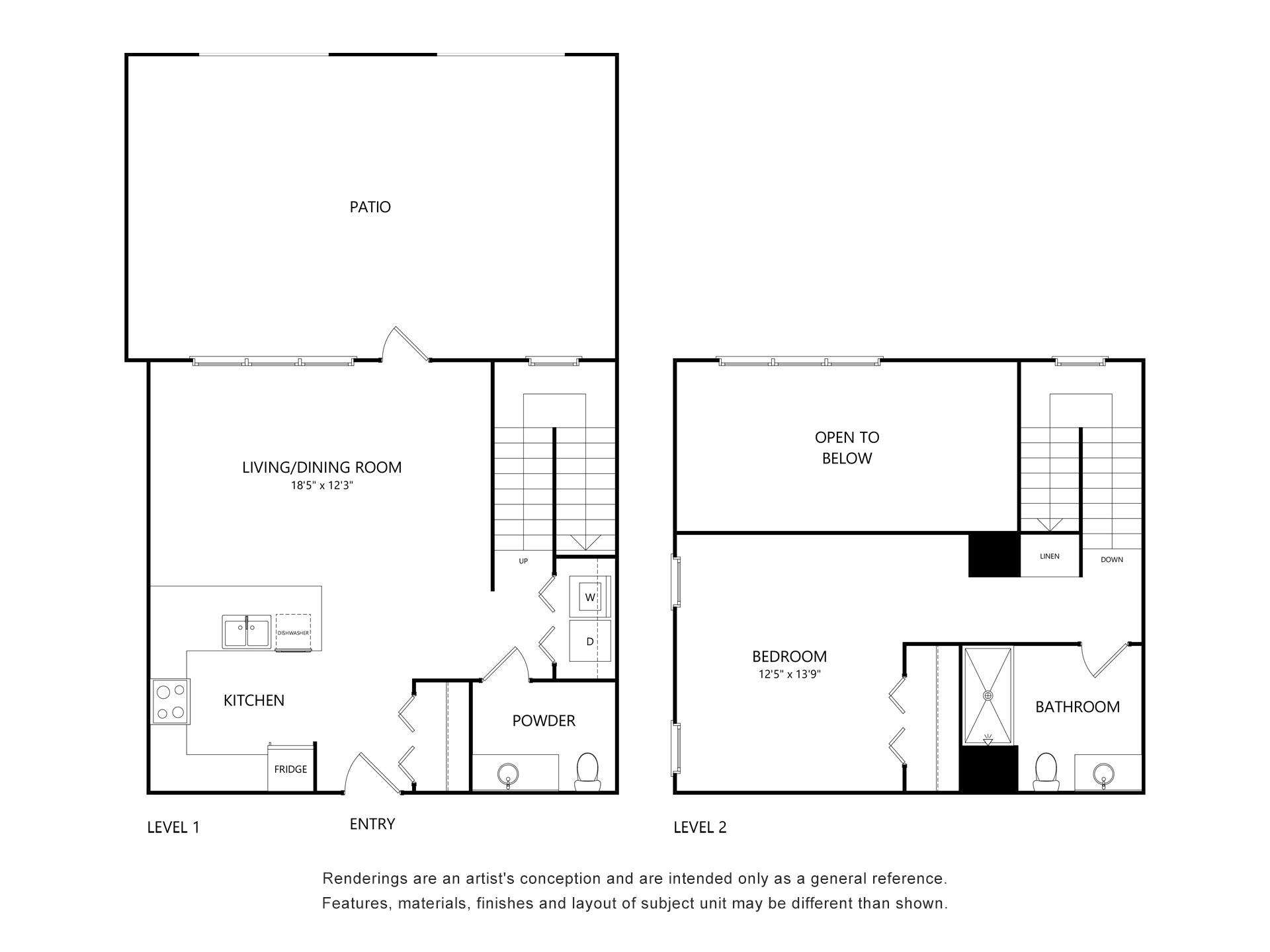 Two level floor plan with patio, living/dining room, kitchen, powder room, upstairs bedroom, bathroom, and open loft area