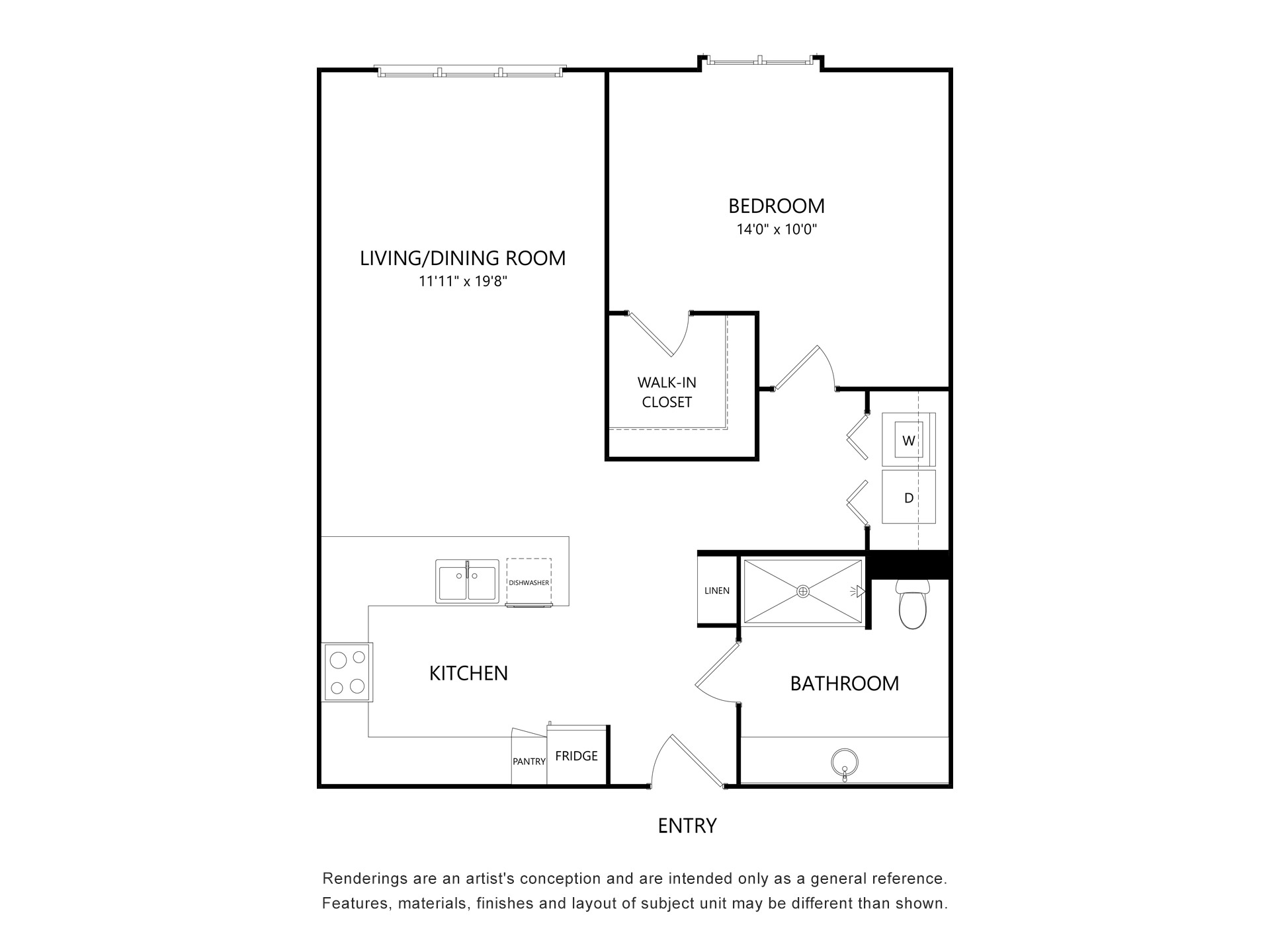 Floor plan of a one-bedroom Simi Valley apartment with living/dining room, kitchen, bedroom, walk-in closet and bathroom