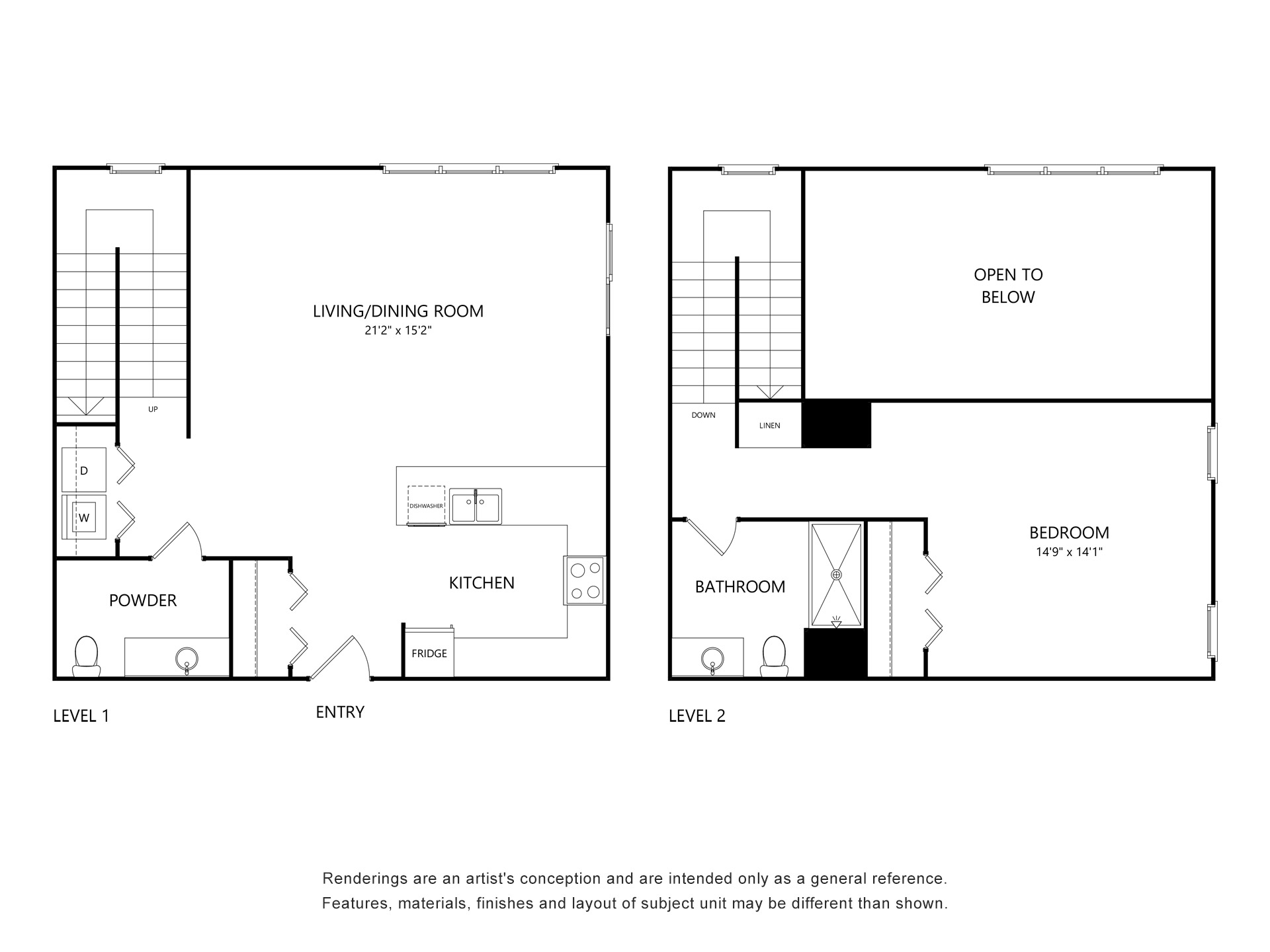 Two-level apartment floor plan showing living/dining room, kitchen, powder room downstairs and bedroom, bathroom upstairs
