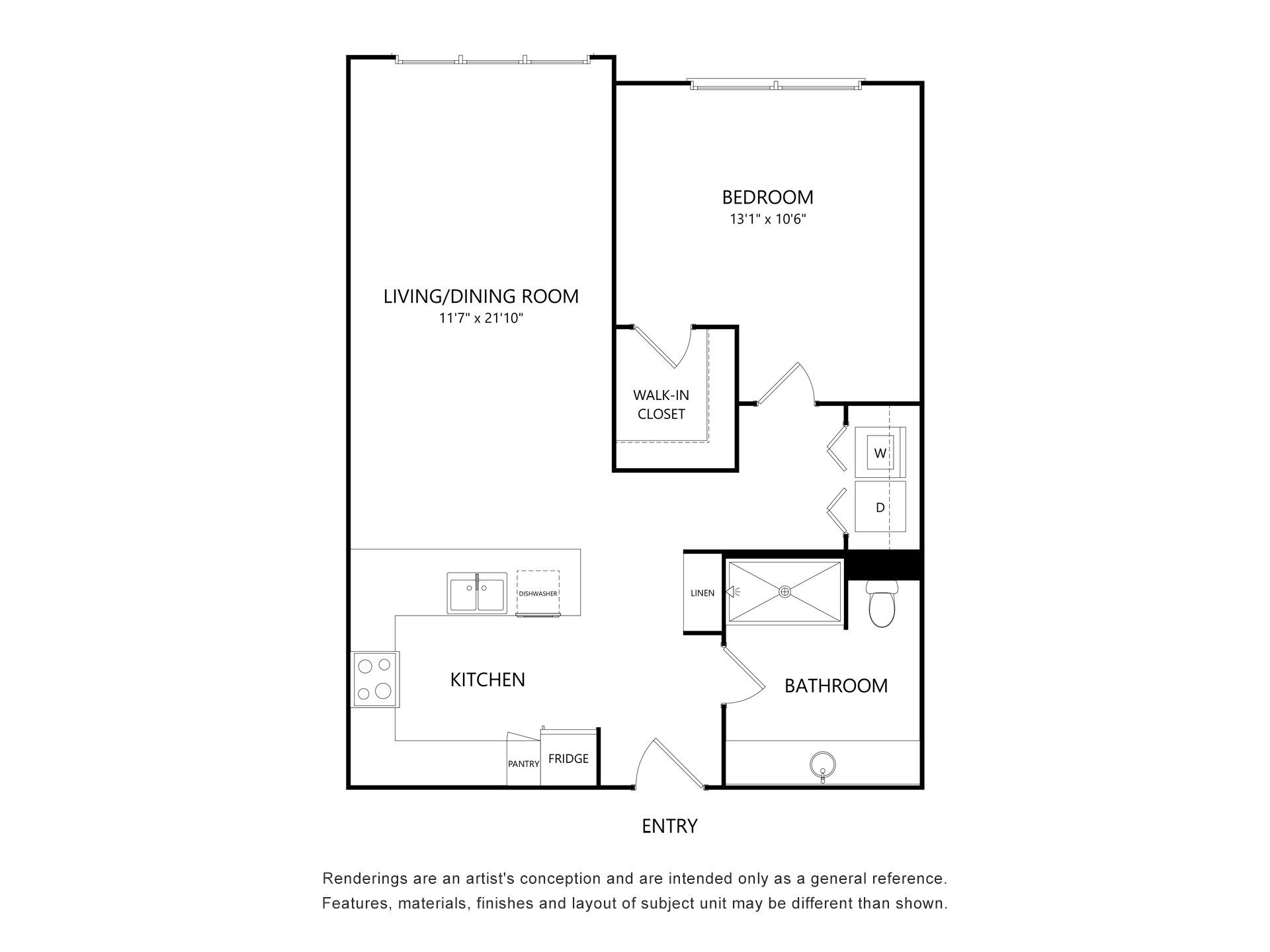 One-bedroom apartment floor plan with living/dining room, bedroom, walk-in closet, kitchen, bathroom and entry layout